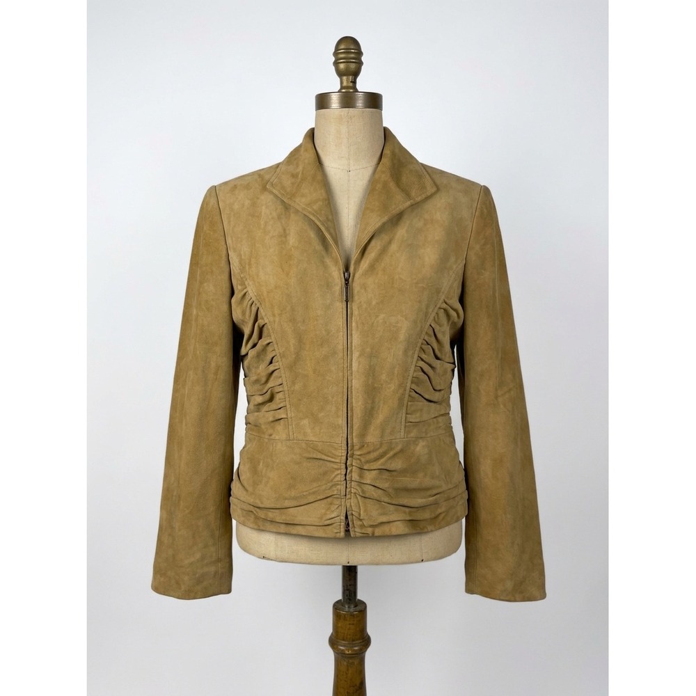 Anne Klein New York Tan Suede Ruched Zip Front Jacket L Vintage Style